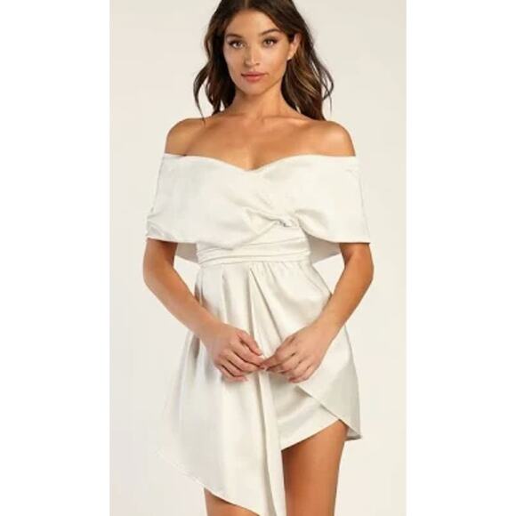 Lulus Satin Off-the-Shoulder Mini Dress Ivory Size Small NEW - Picture 4 of 13